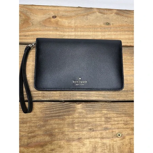 Kate Spade Darcy Large Slim Bifold Wallet Clutch Wristlet Black Light Blue - Picture 1 of 7